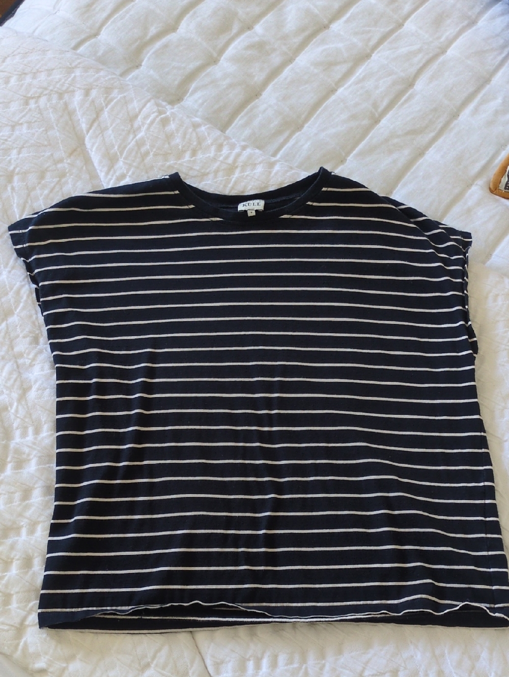 KULE Navy and White Striped Crew Tee, Small